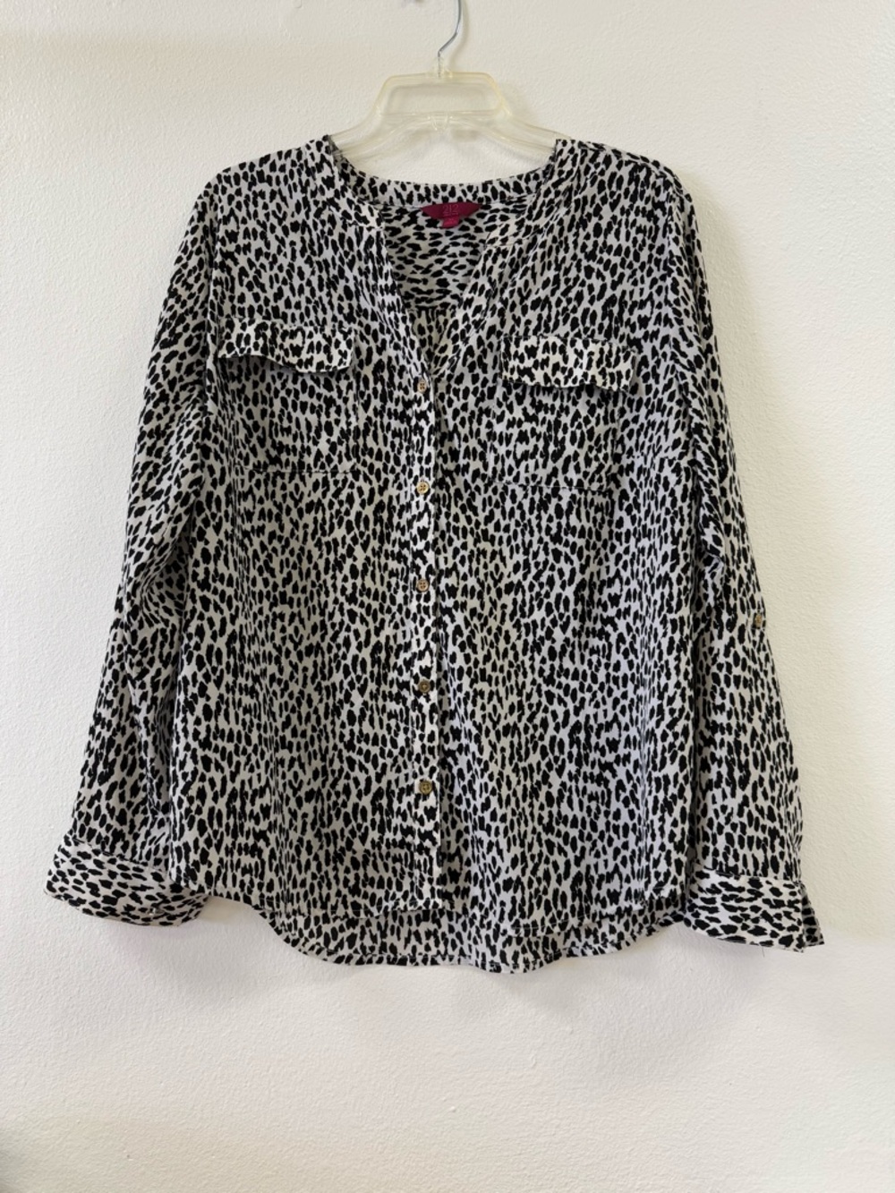212 Collection Black and White Leopard Print Button-Down Blouse